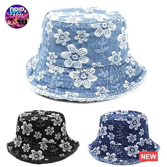 Vintage Cotton Denim Bucket Hat with Floral Embroidery and Pocket main image 5